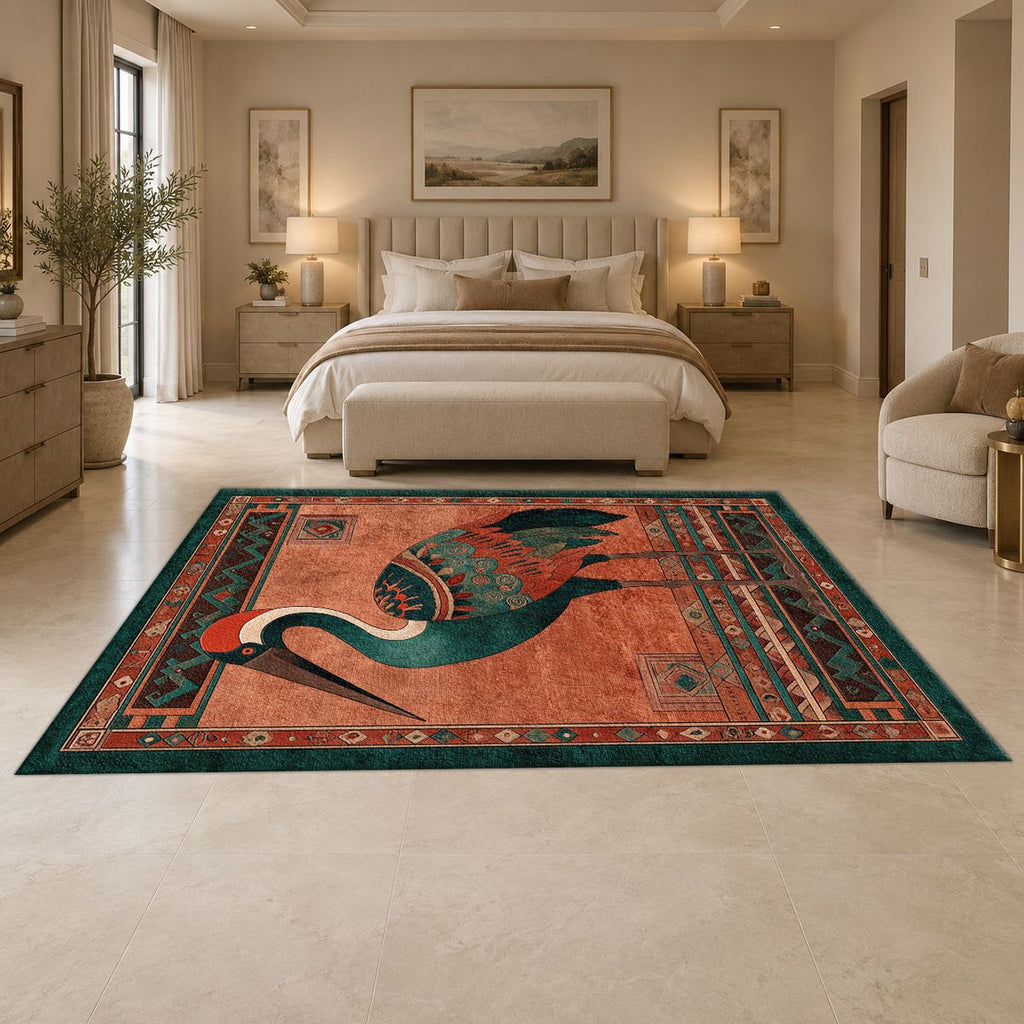 Rust Heron Bird Folk Art printed area rug