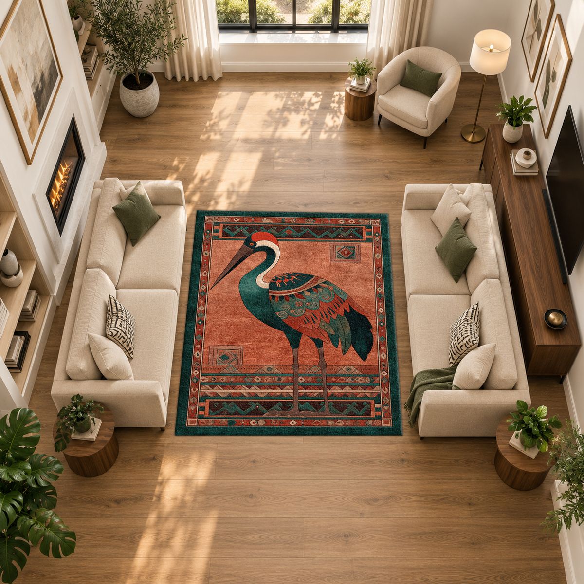 Rust Heron Bird Folk Art printed area rug