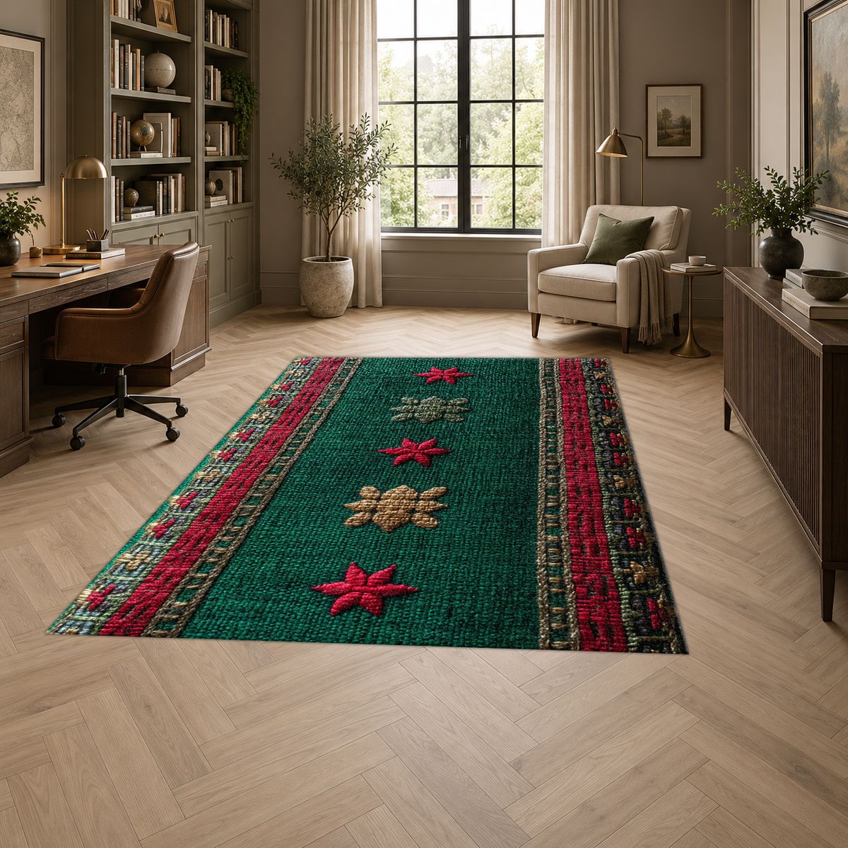 Green and Red Floral Embroidered Runner printed area rug