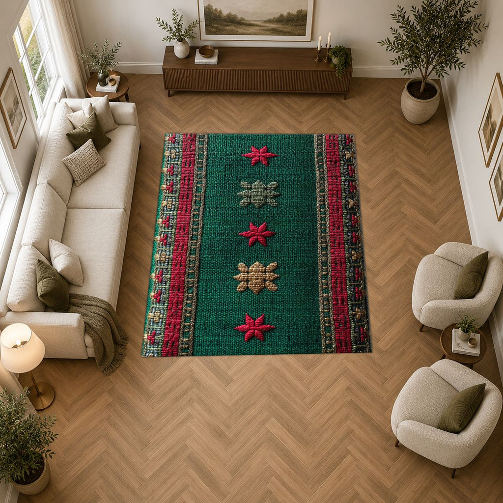 Green and Red Floral Embroidered Runner printed area rug