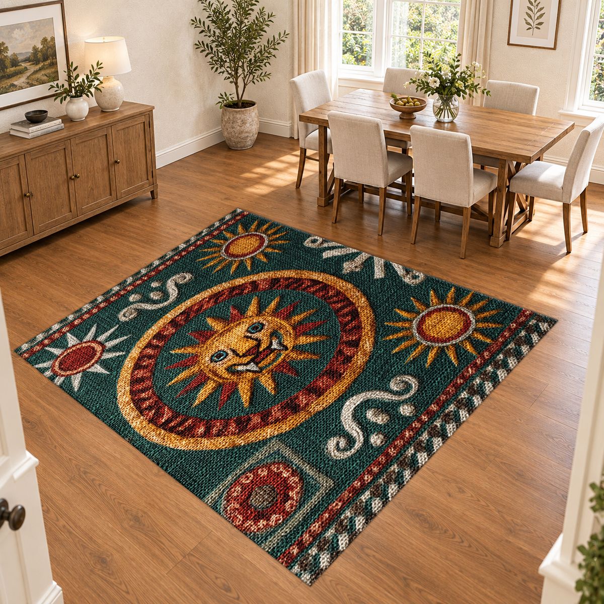 Green and Gold Celestial Sun printed area rug