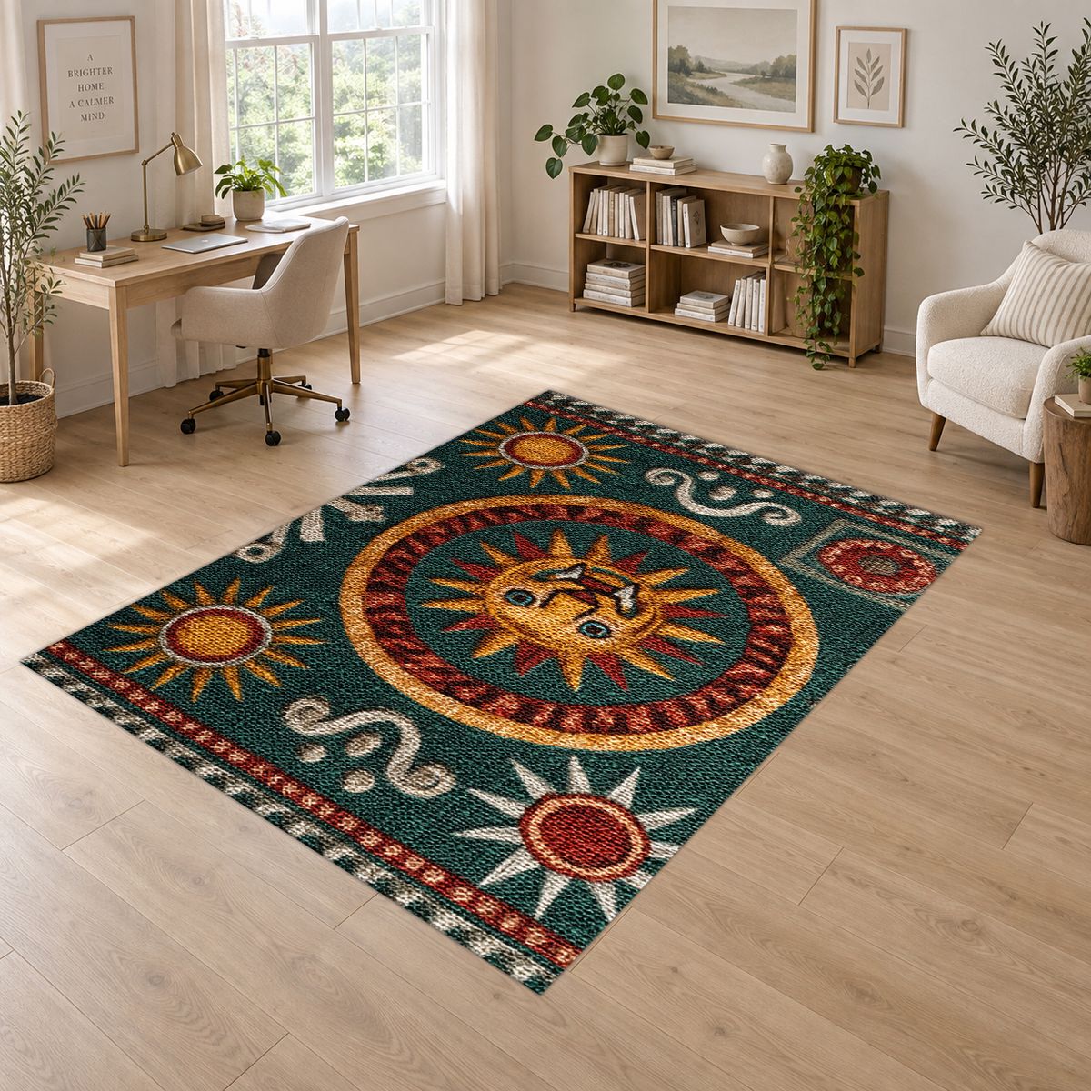 Green and Gold Celestial Sun printed area rug