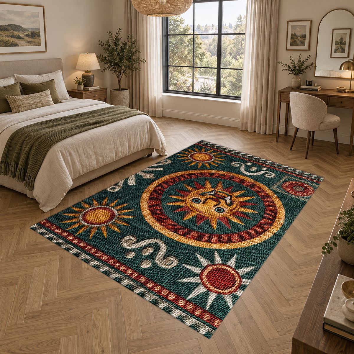 Green and Gold Celestial Sun printed area rug