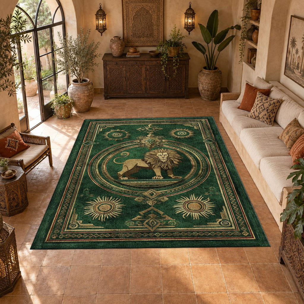 Emerald Lion Crest Medallion printed area rug