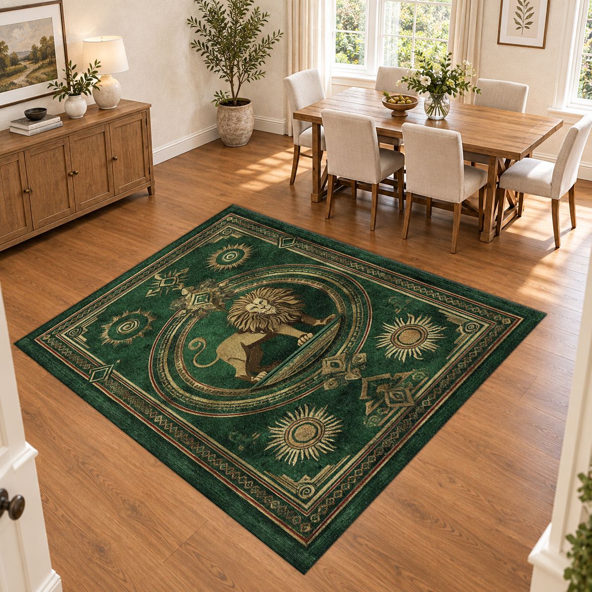 Emerald Lion Crest Medallion printed area rug