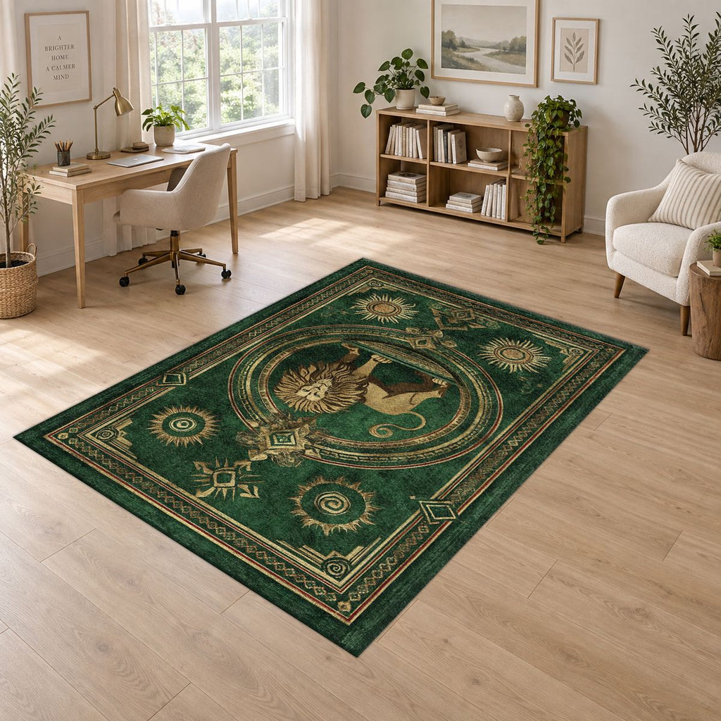 Emerald Lion Crest Medallion printed area rug