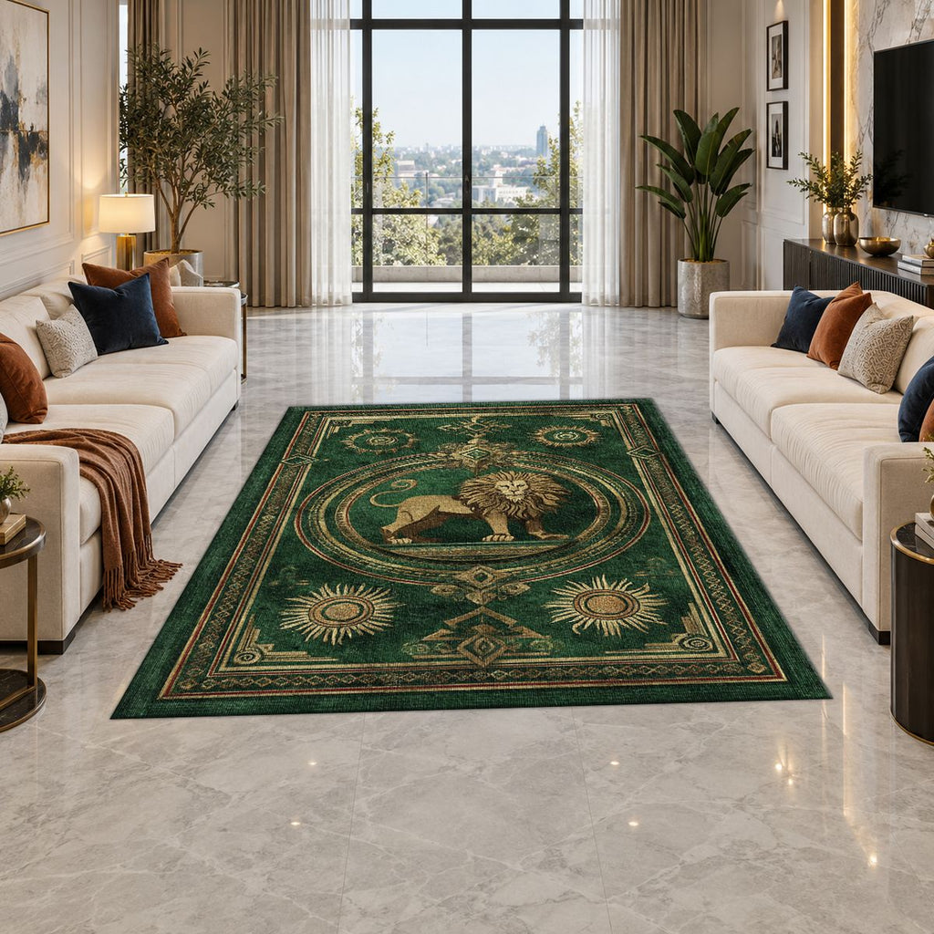 Emerald Lion Crest Medallion printed area rug