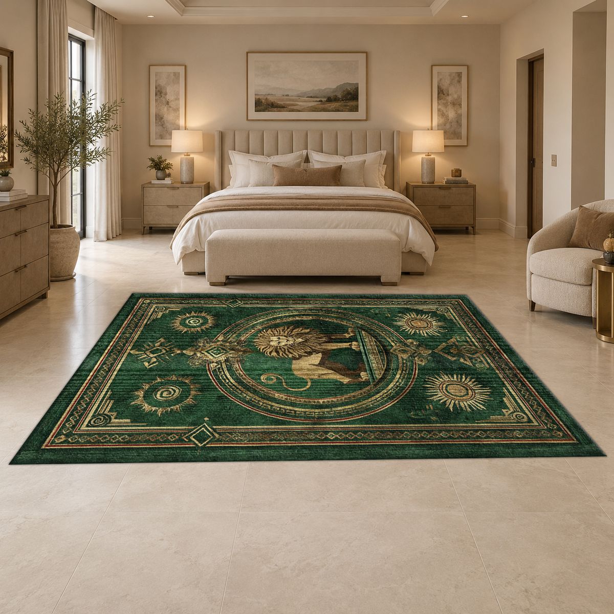 Emerald Lion Crest Medallion printed area rug
