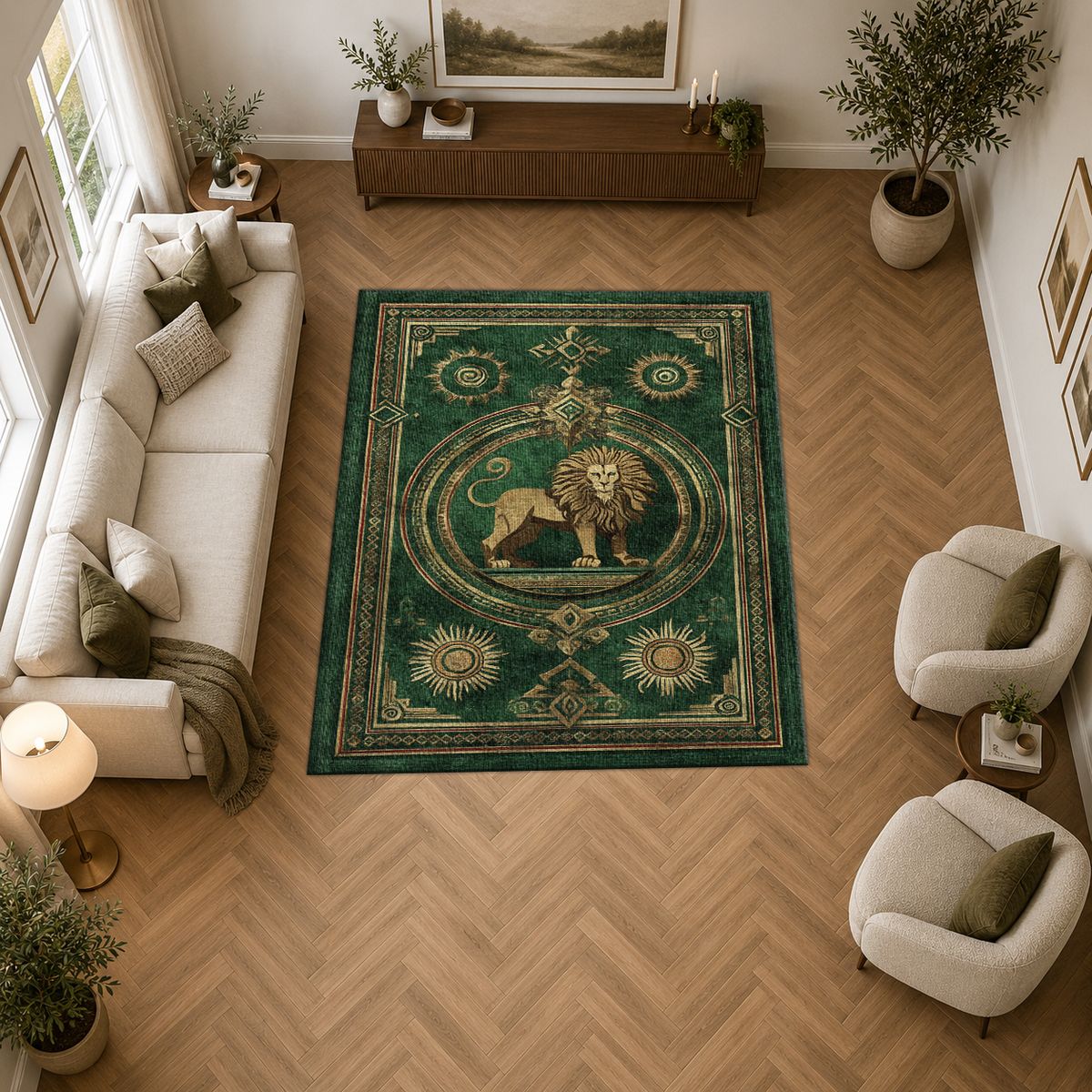 Emerald Lion Crest Medallion printed area rug