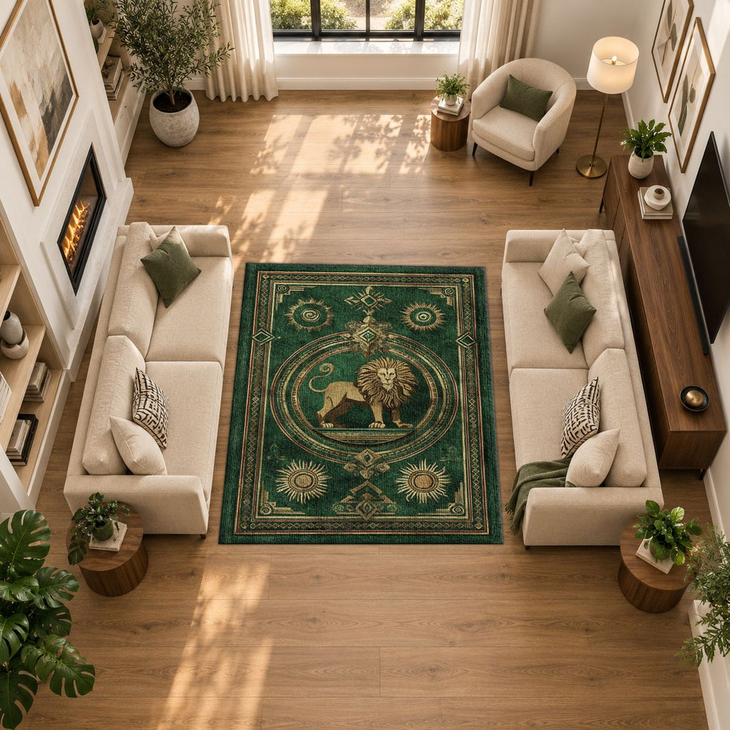 Emerald Lion Crest Medallion printed area rug