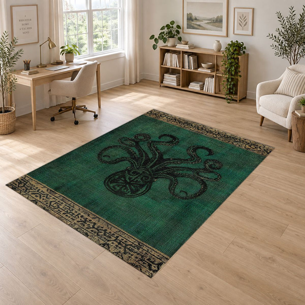 Emerald Octopus Vintage printed area rug