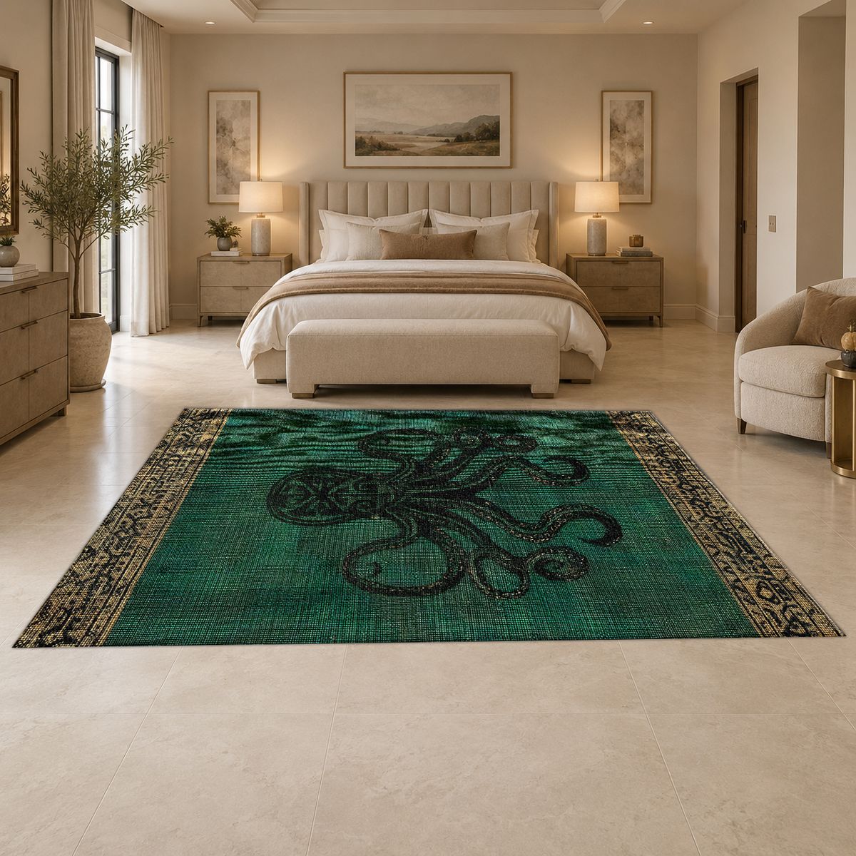 Emerald Octopus Vintage printed area rug