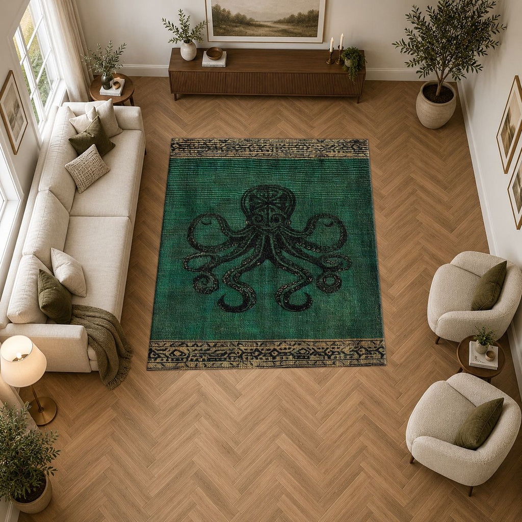 Emerald Octopus Vintage printed area rug