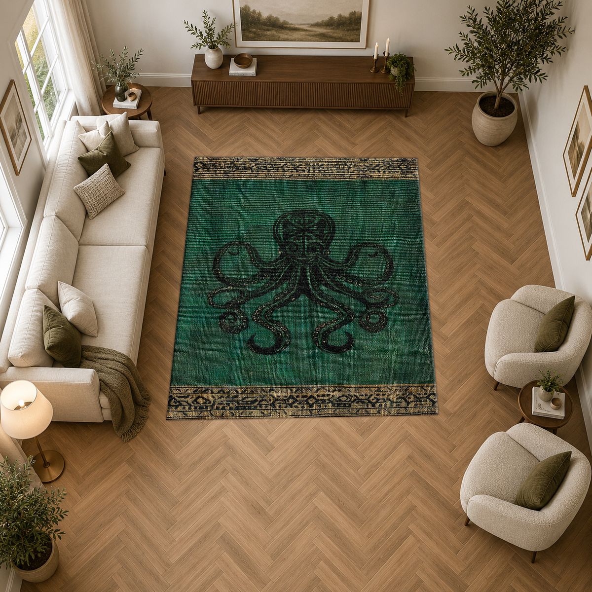 Emerald Octopus Vintage printed area rug