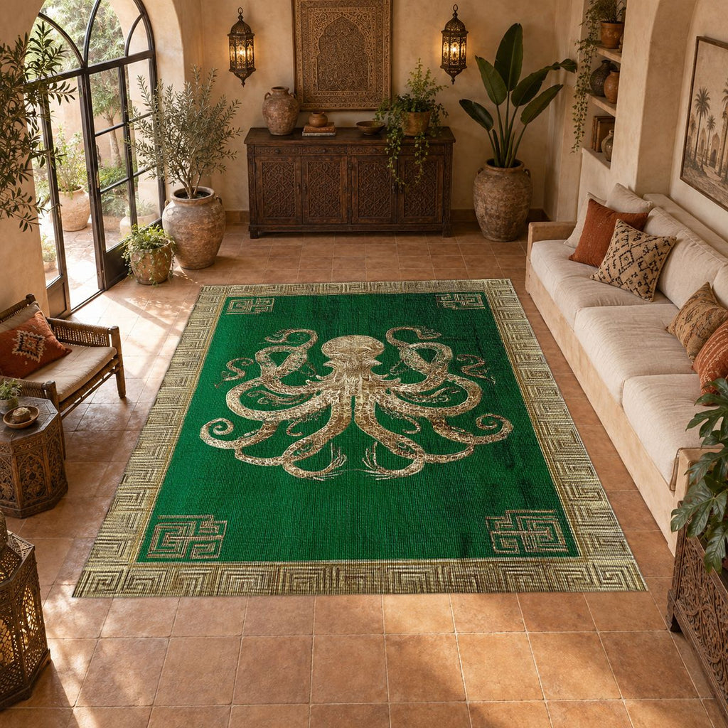 Green and Cream Octopus Border printed area rug