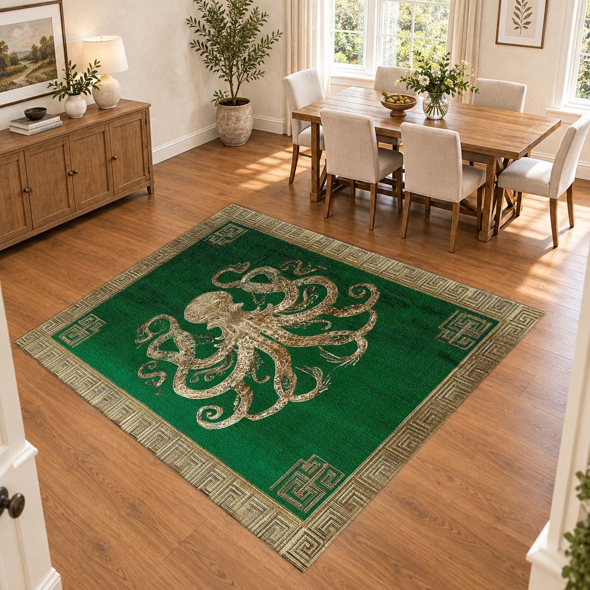 Green and Cream Octopus Border printed area rug