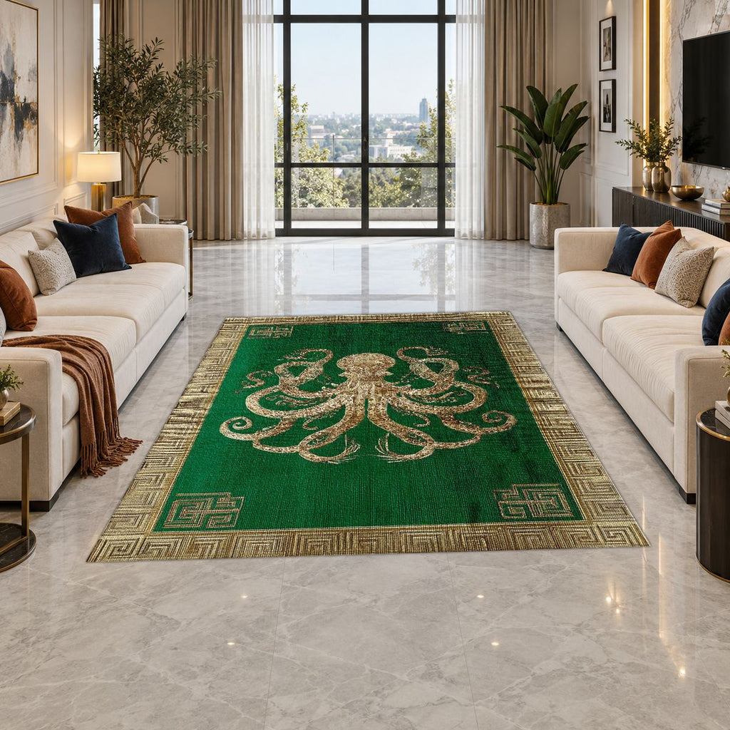 Green and Cream Octopus Border printed area rug