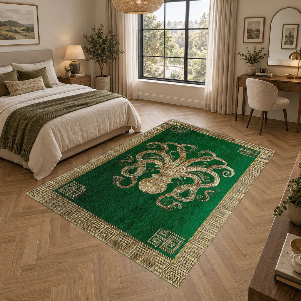 Green and Cream Octopus Border printed area rug