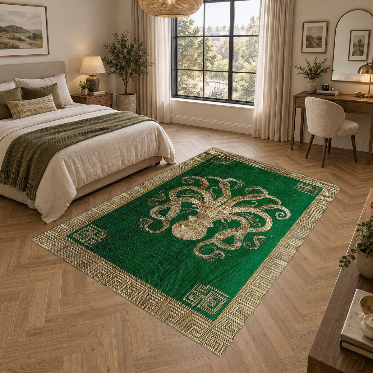 Green and Cream Octopus Border printed area rug