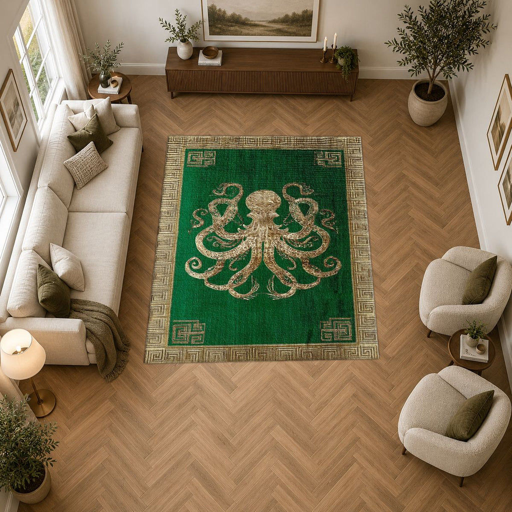 Green and Cream Octopus Border printed area rug