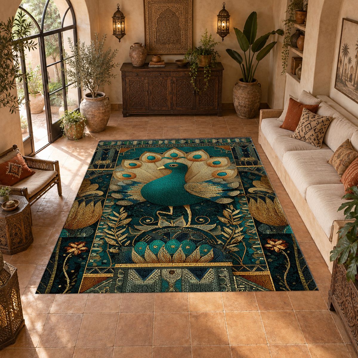 Teal Peacock Art Deco printed area rug