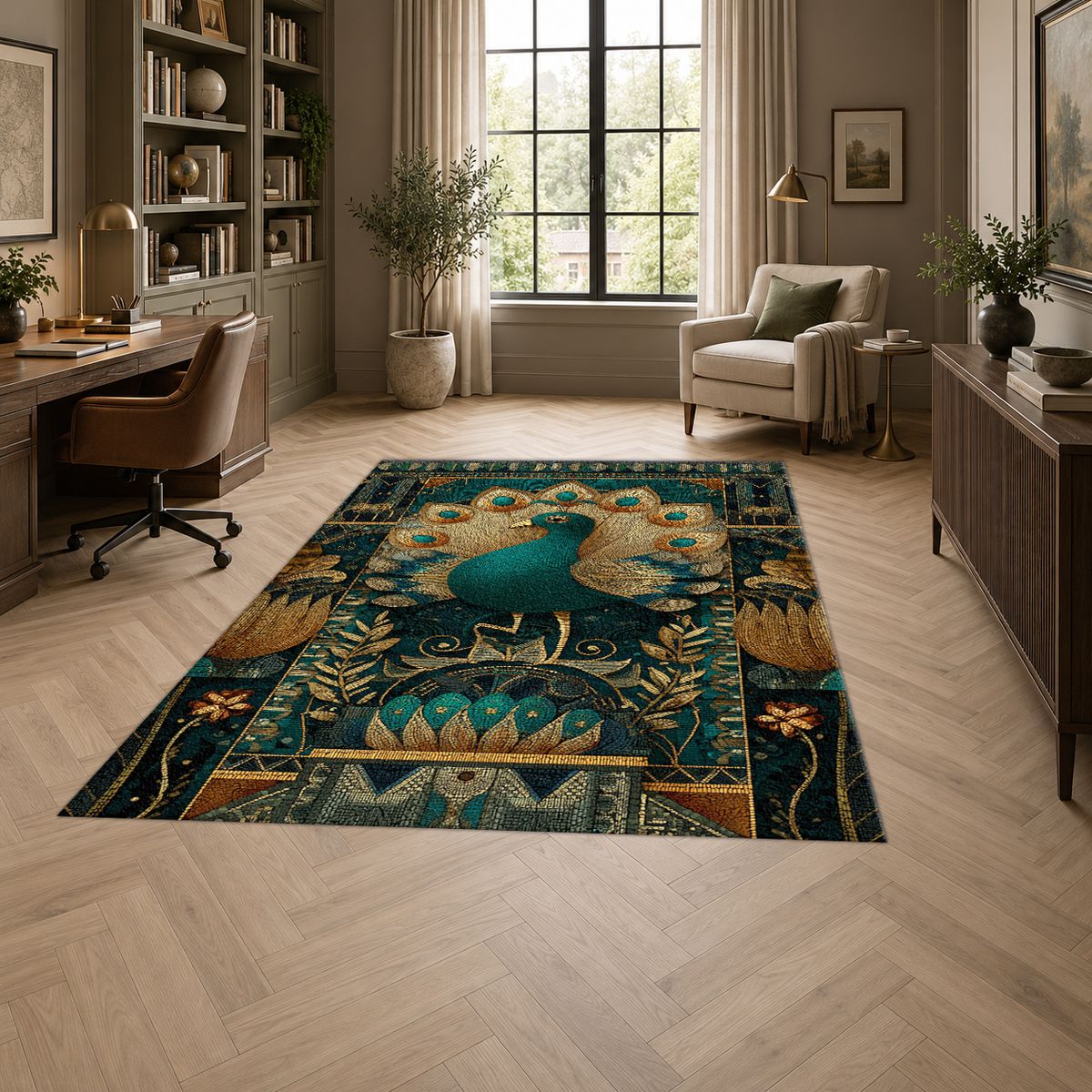 Teal Peacock Art Deco printed area rug