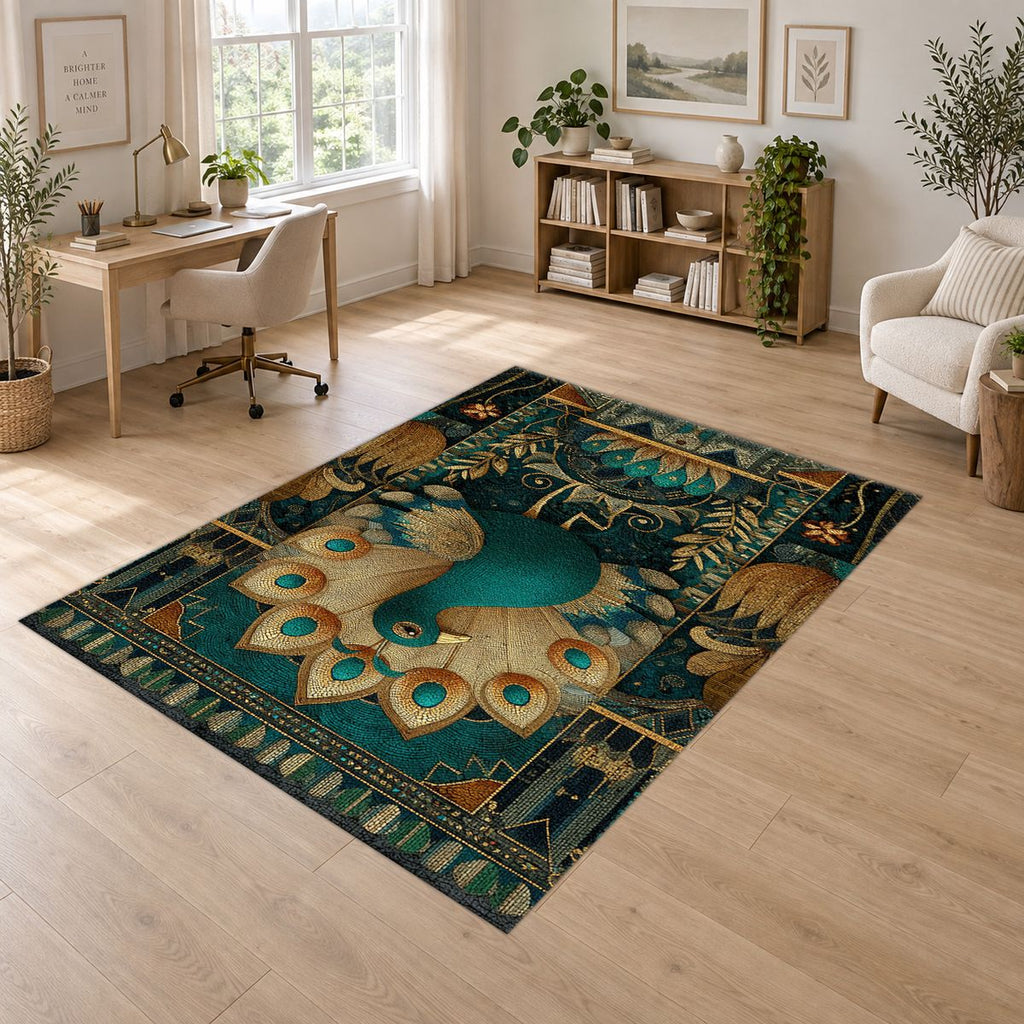 Teal Peacock Art Deco printed area rug