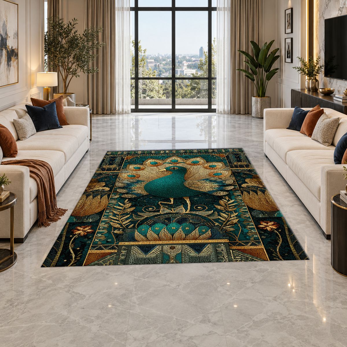 Teal Peacock Art Deco printed area rug