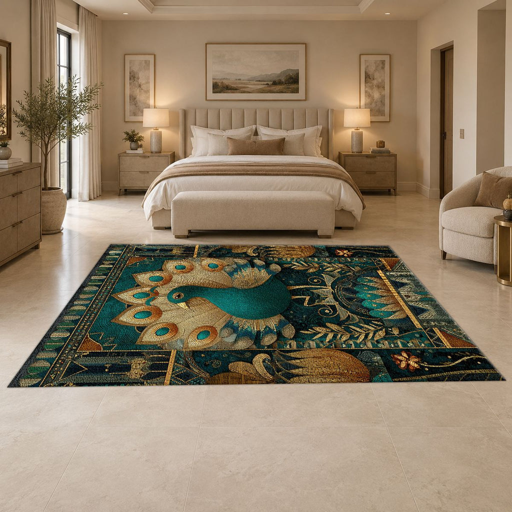 Teal Peacock Art Deco printed area rug