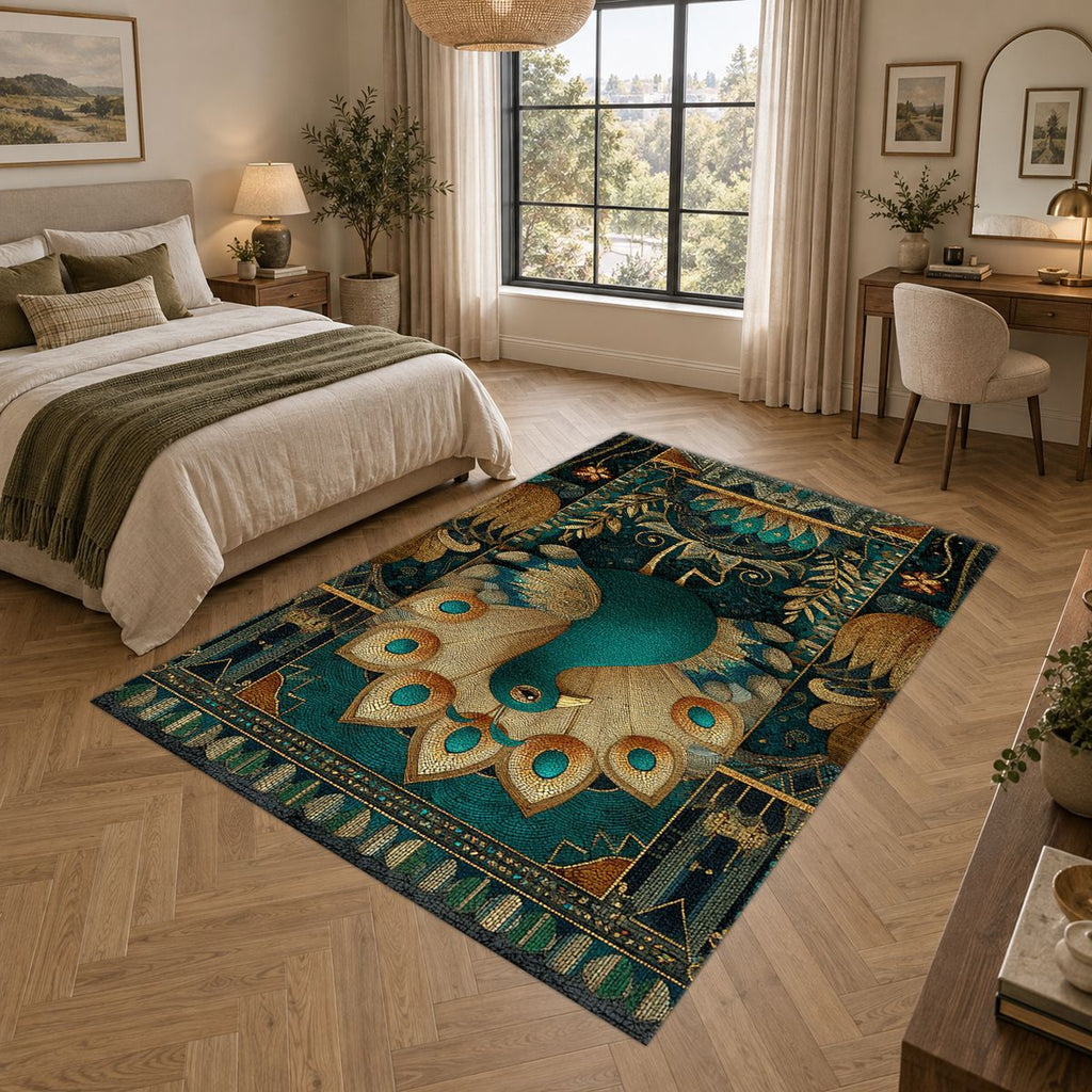 Teal Peacock Art Deco printed area rug