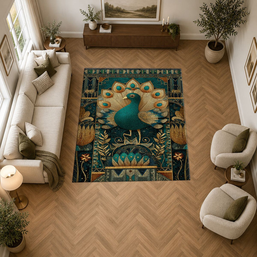 Teal Peacock Art Deco printed area rug