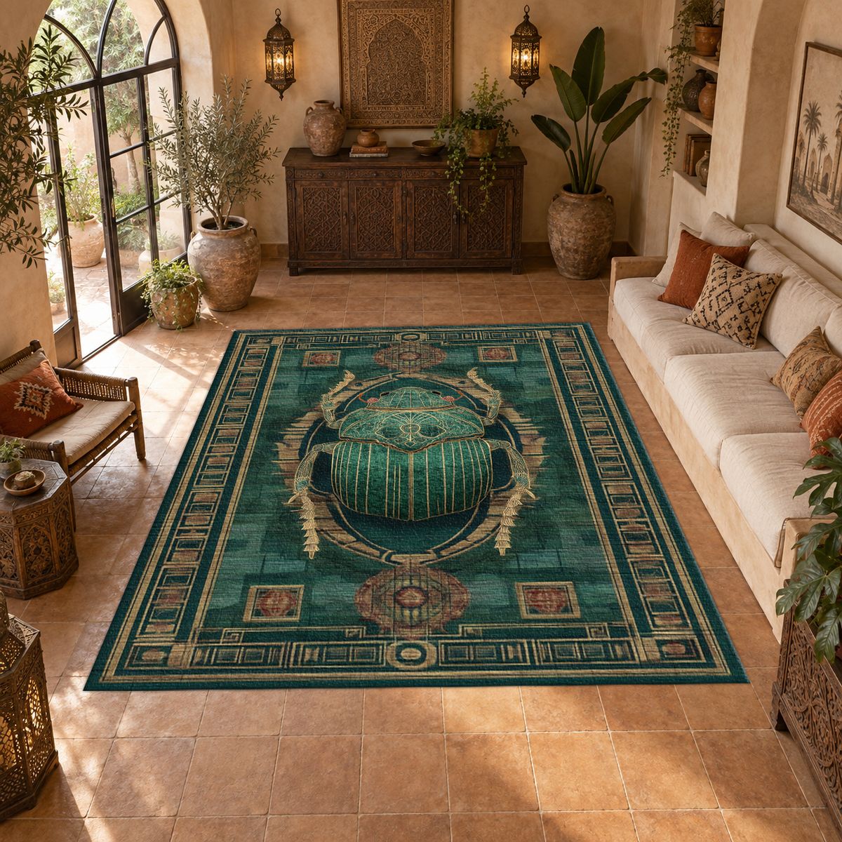 Teal Scarab Egyptian Border printed area rug