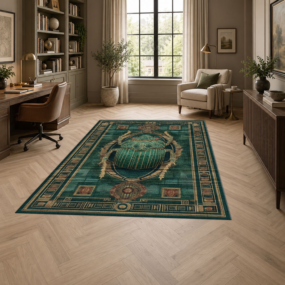 Teal Scarab Egyptian Border printed area rug