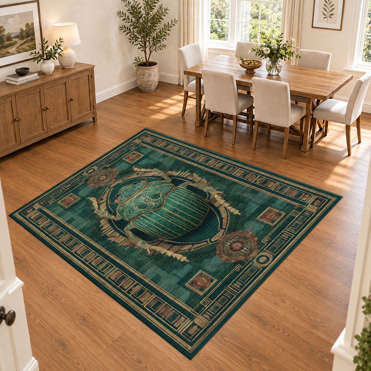 Teal Scarab Egyptian Border printed area rug