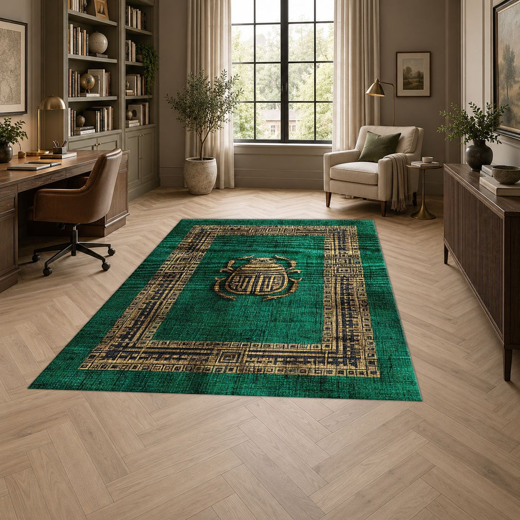 Emerald Scarab Minimalist Greek Key printed area rug