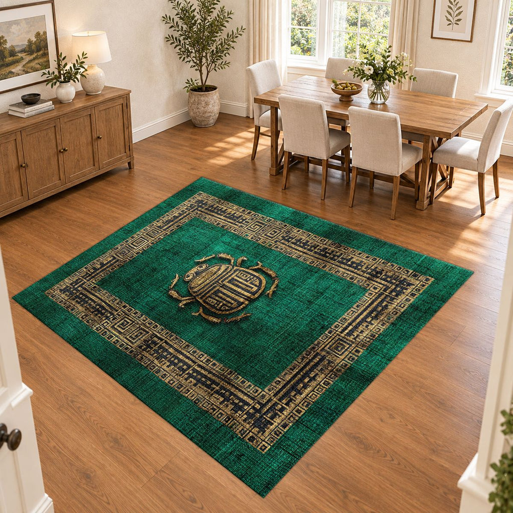 Emerald Scarab Minimalist Greek Key printed area rug
