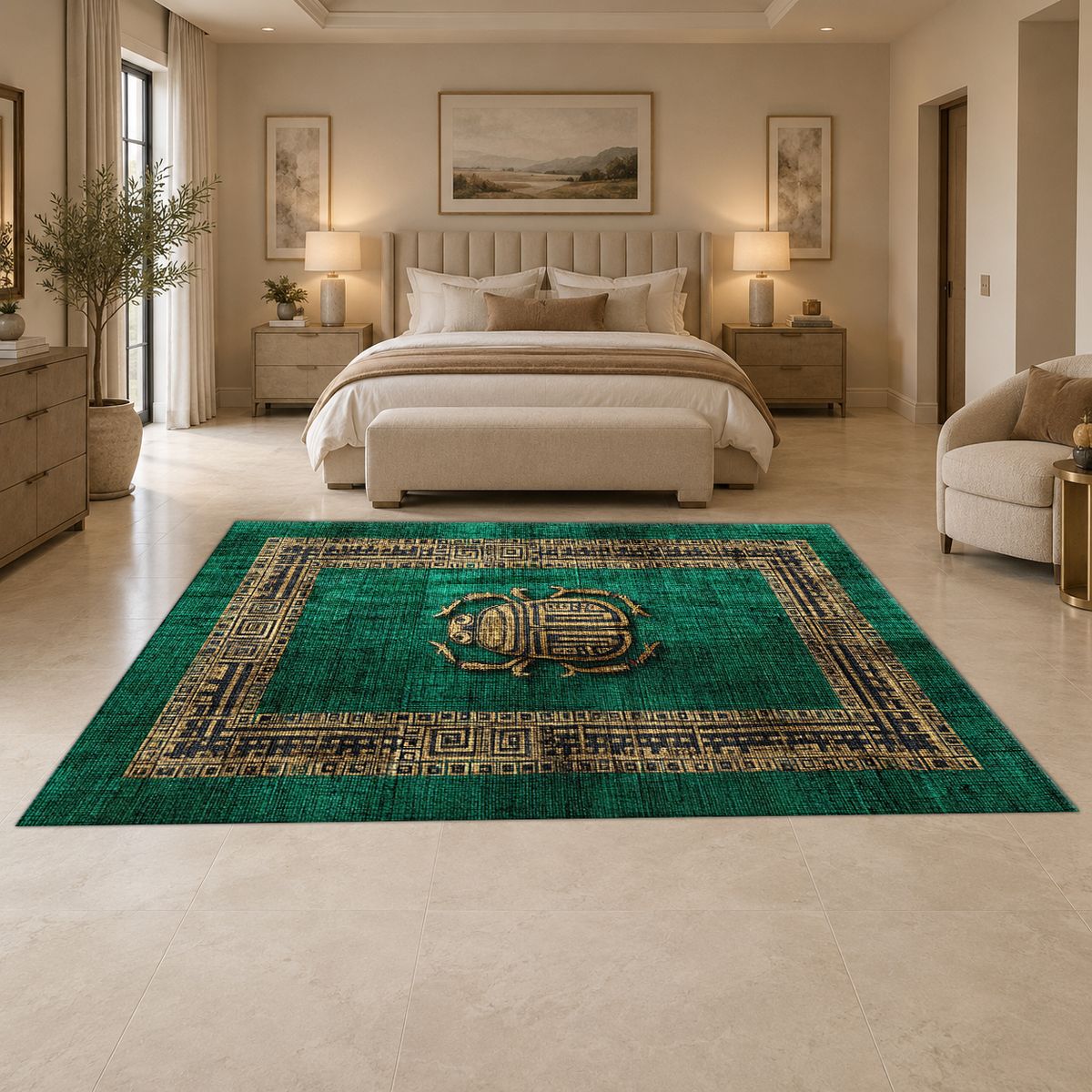 Emerald Scarab Minimalist Greek Key printed area rug
