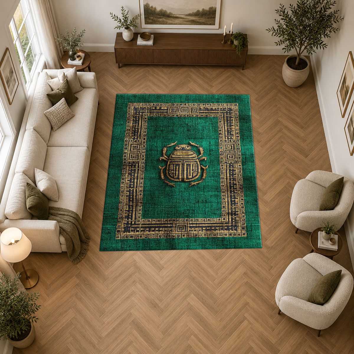 Emerald Scarab Minimalist Greek Key printed area rug
