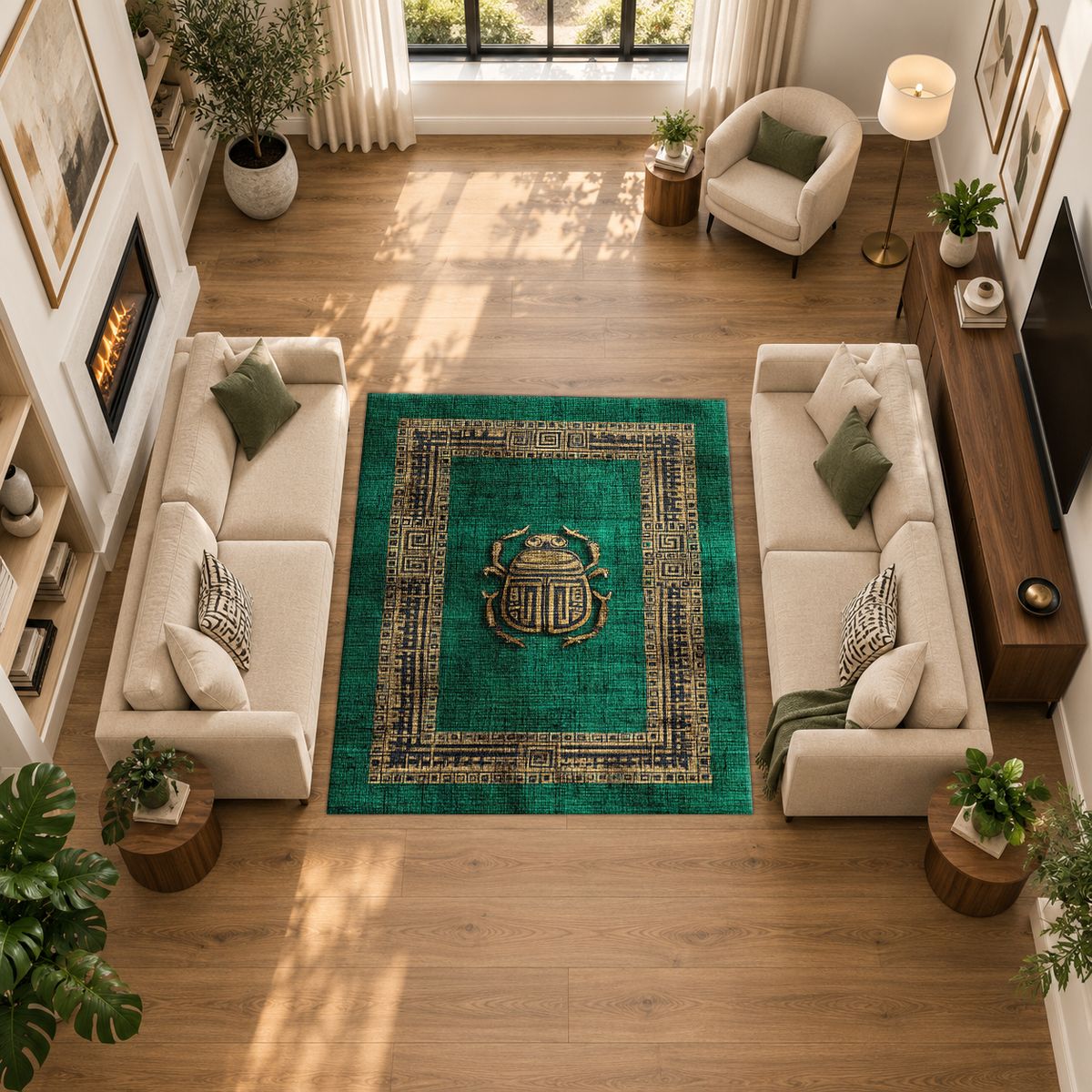 Emerald Scarab Minimalist Greek Key printed area rug