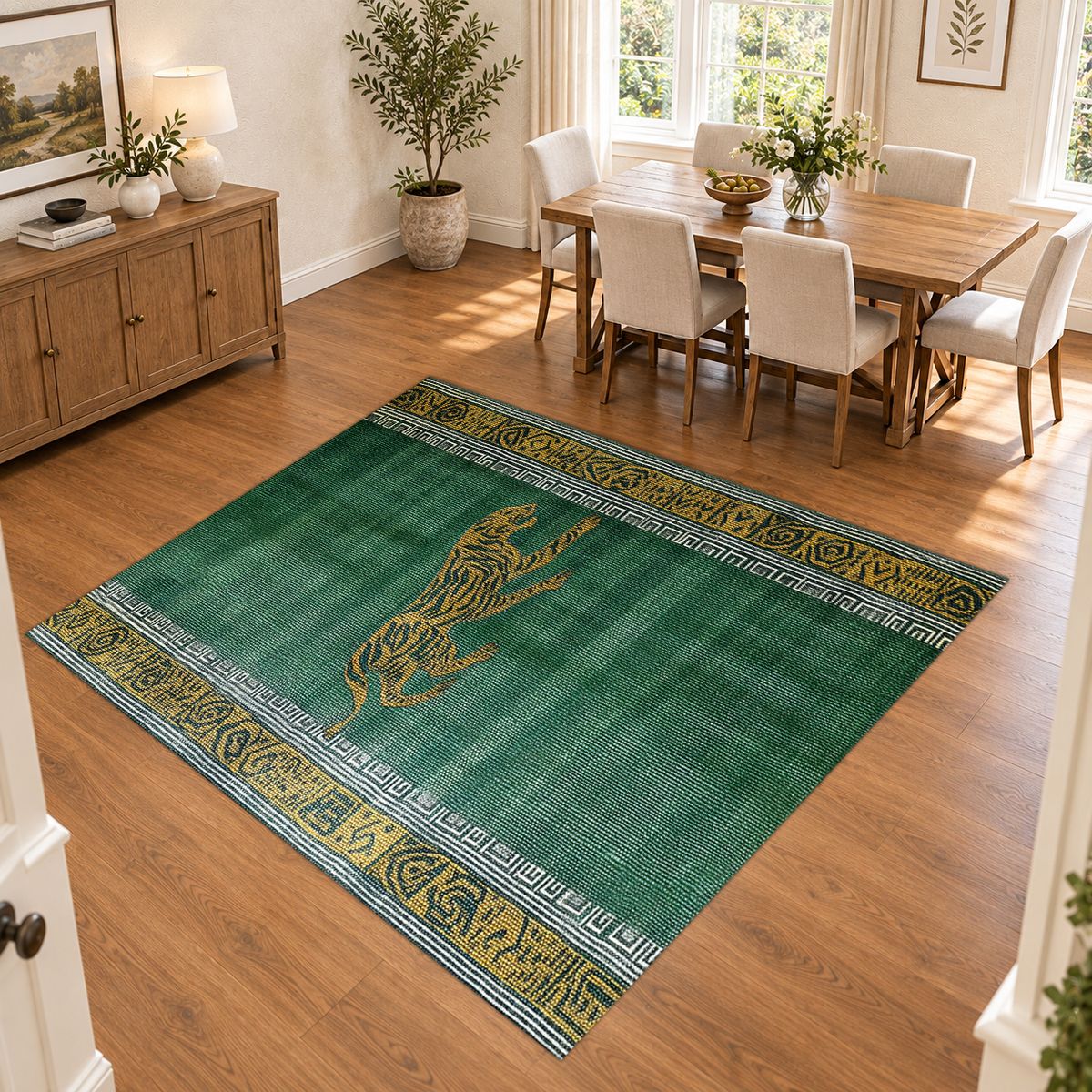 Green Running Cheetah Border printed area rug