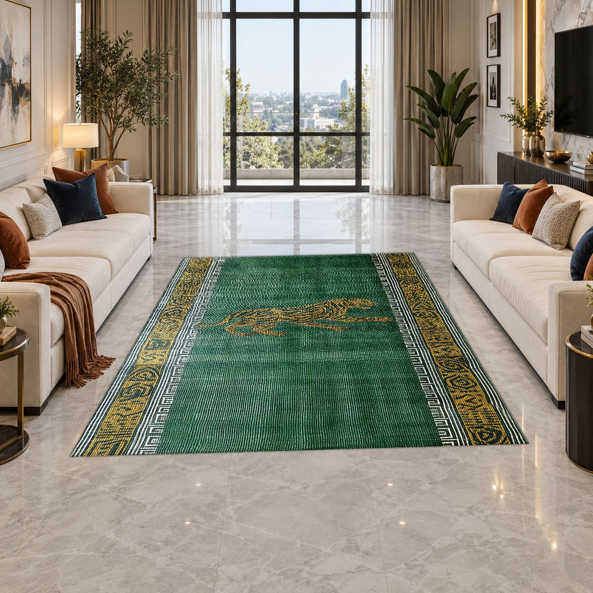 Green Running Cheetah Border printed area rug