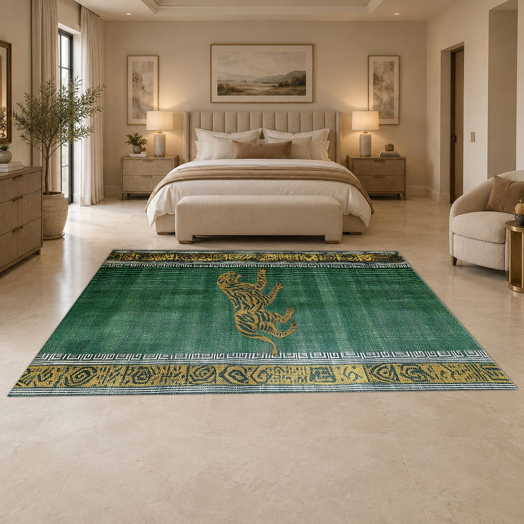 Green Running Cheetah Border printed area rug