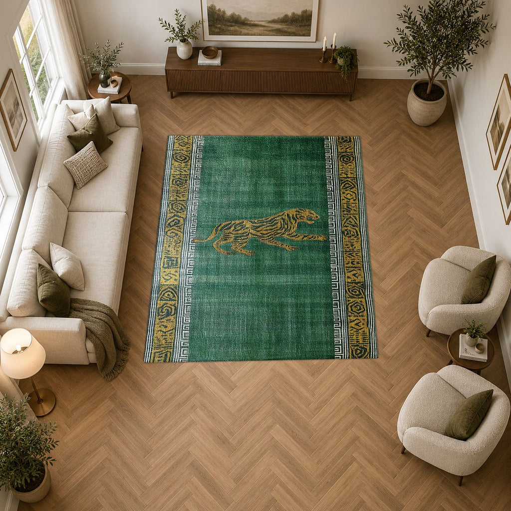 Green Running Cheetah Border printed area rug