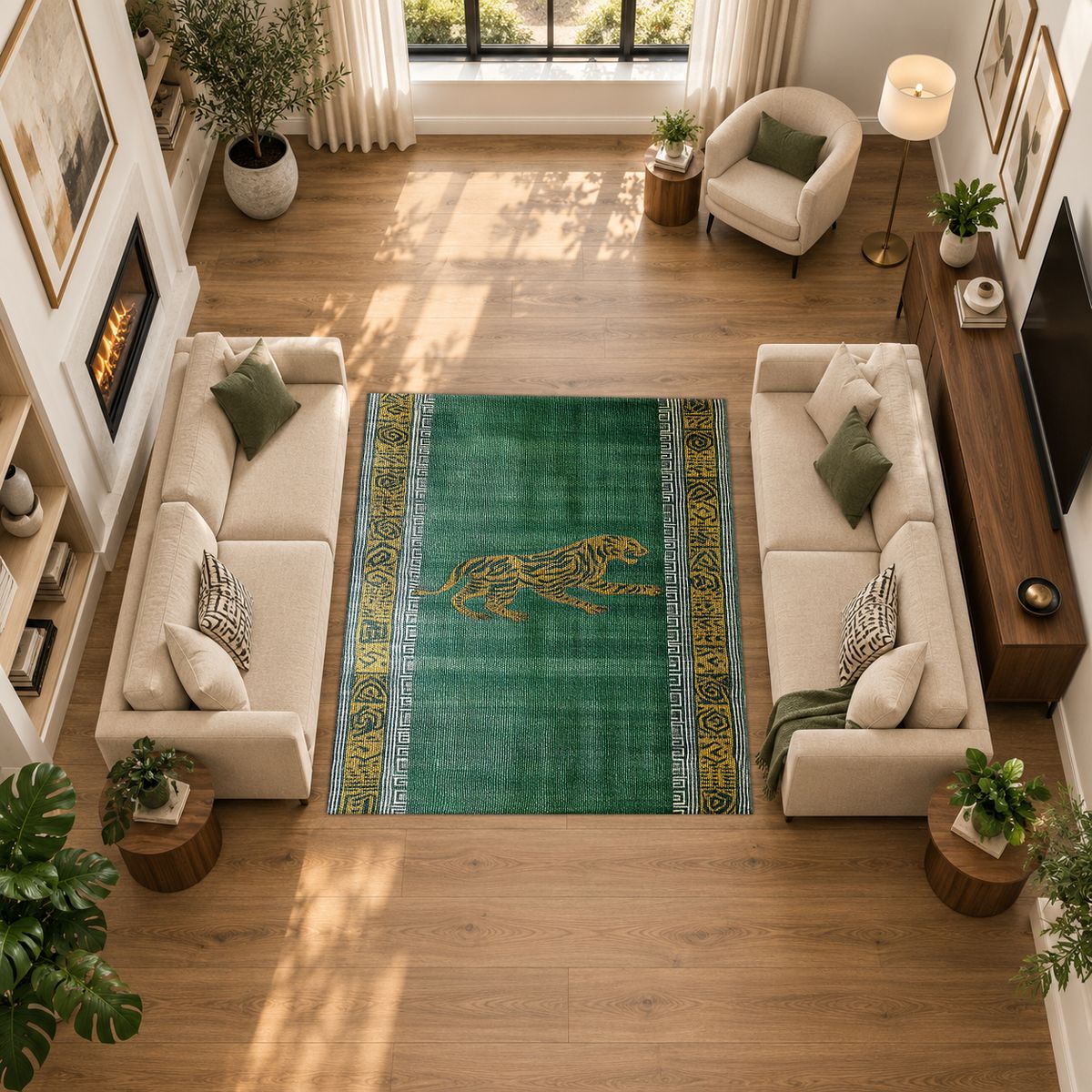 Green Running Cheetah Border printed area rug