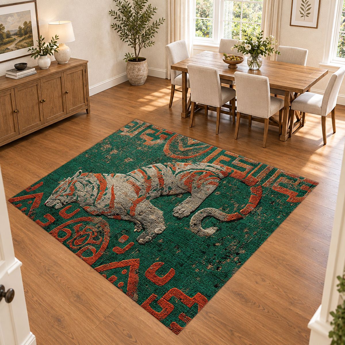 Teal Tiger Folk Art printed area rug