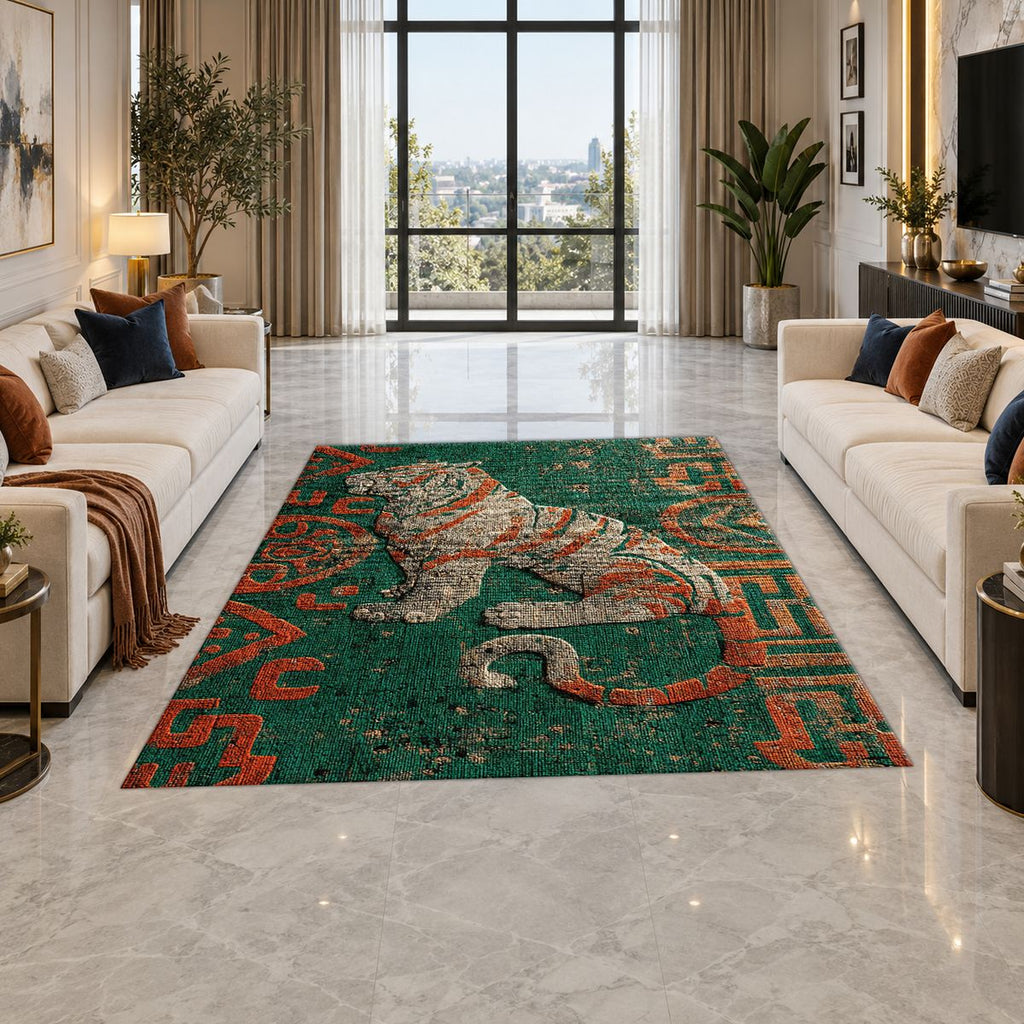 Teal Tiger Folk Art printed area rug