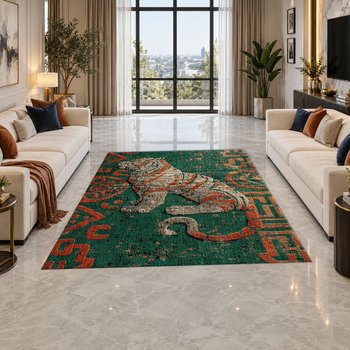 Teal Tiger Folk Art printed area rug
