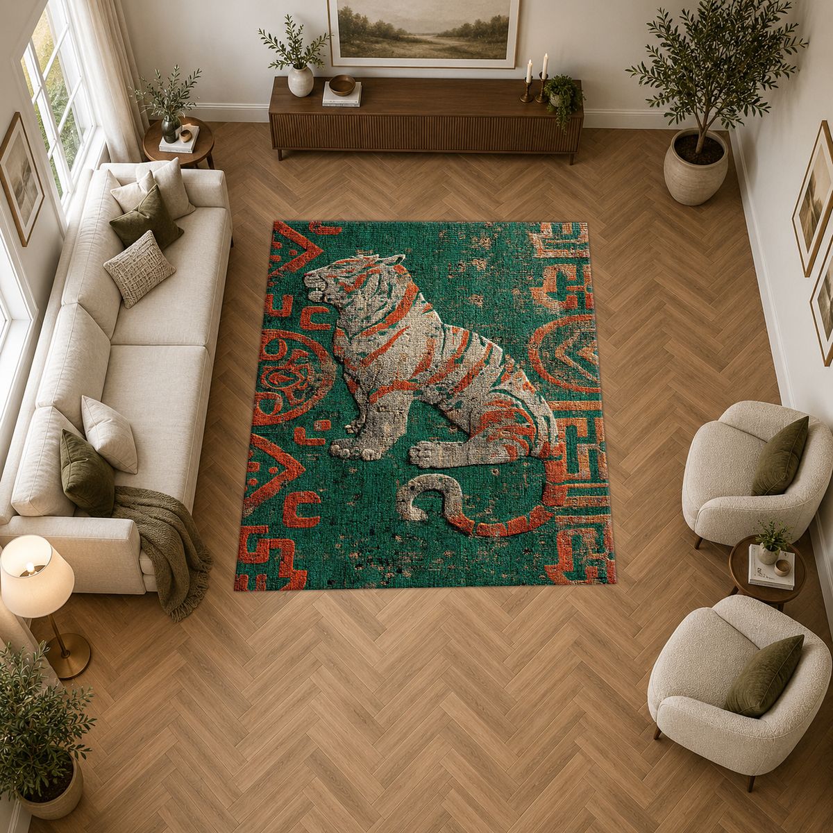 Teal Tiger Folk Art printed area rug