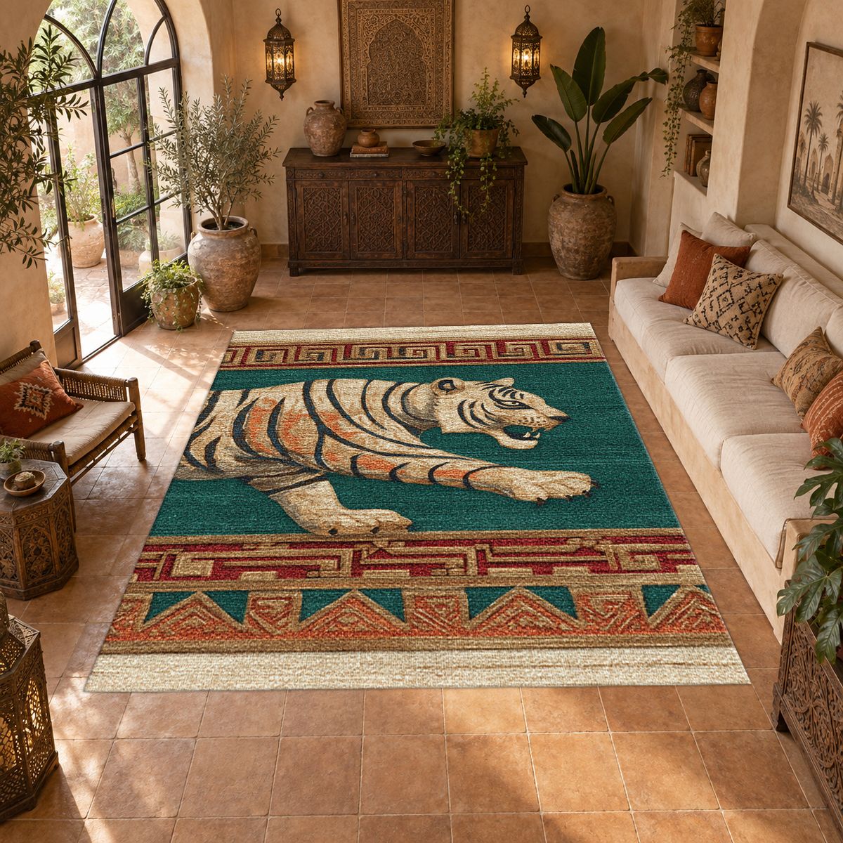 Green Walking Tiger Tribal Border printed area rug