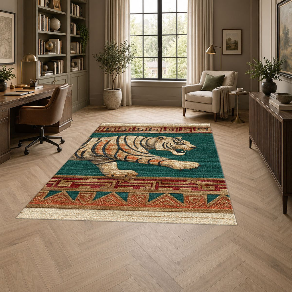 Green Walking Tiger Tribal Border printed area rug